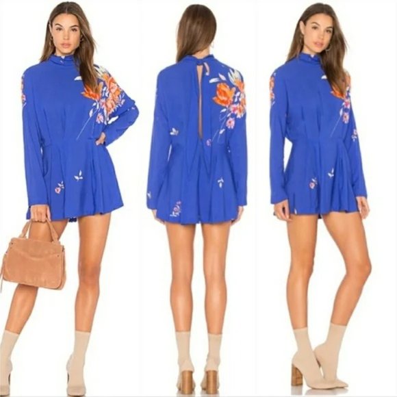 FREE PEOPLE Blue Floral Gemma Long Sleeve Tunic Mini Dress SMALL High Neck - Picture 2 of 7
